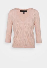 Rosa stickad cardigan med V-ringning, med ett mönstrat textur och trekvartsärmar, fäst med fem matchande knappar.