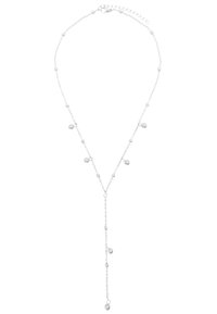 Collana con pendente in argento, dotata di una catena delicata, caratterizzata da multiple piccole perline e una goccia centrale. Lunghezza regolabile con chiusura a moschettone.