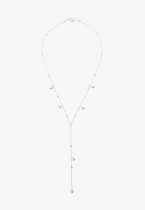 Collier pendentif en argent avec une chaîne délicate, présentant plusieurs petites perles et une goutte centrale. Longueur ajustable avec une fermeture à fermoir.