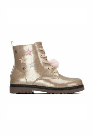 Stivaletto da bambino con glitter dorato, decorazioni laterali a forma di stella, allacciatura frontale e pompon rosa sui lacci, suola in gomma.