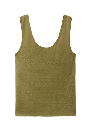 Débardeur vert olive sans manches avec un col dégagé profond et un design simple sans coutures.
