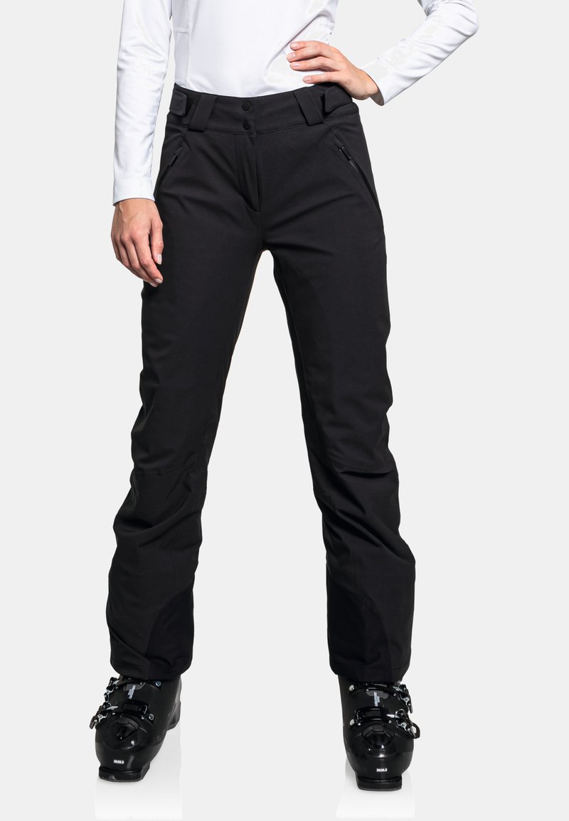 Schwarze Skihose mit geradem Schnitt, ausgestattet mit zwei vorderen Reißverschlusstaschen, Gürtelschlaufen und verstärkten Nähten für zusätzliche Haltbarkeit.