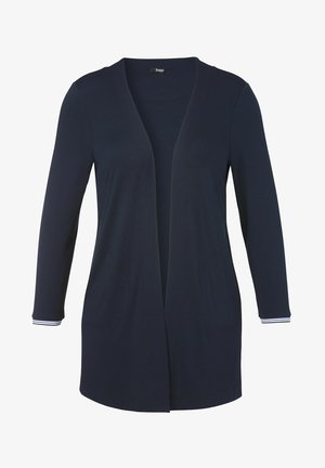 Marineblauer Cardigan mit offenem Vorderteil, langen Ärmeln und zwei Seitentaschen. Mit weißen Streifenakzenten an den Ärmelsäumen, aus einem weichen Material gefertigt.