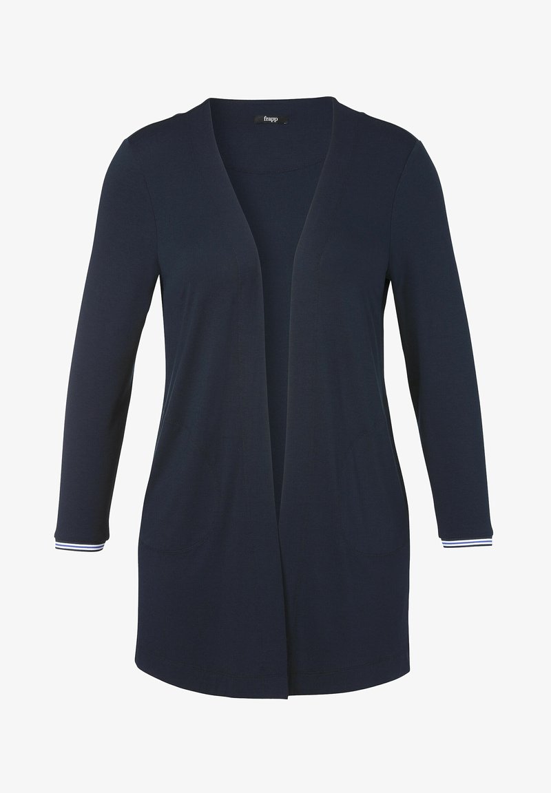 Marineblauer Cardigan mit offenem Vorderteil, langen Ärmeln und zwei Seitentaschen. Mit weißen Streifenakzenten an den Ärmelsäumen, aus einem weichen Material gefertigt.