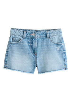 Lyseblå denimshorts med frynset kant, fem-lomme design, lukning med metal knap og let slid foran.