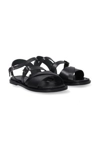 Zwarte leren sandalen met meerdere kruislings gestikte banden, open teen ontwerp, verstelbare gespen en een platte zool.