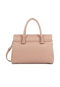 Borsa a mano in pelle texturizzata rosa chiaro con due manici superiori e una tracolla rimovibile, forma rettangolare, accessori in metallo dorato.