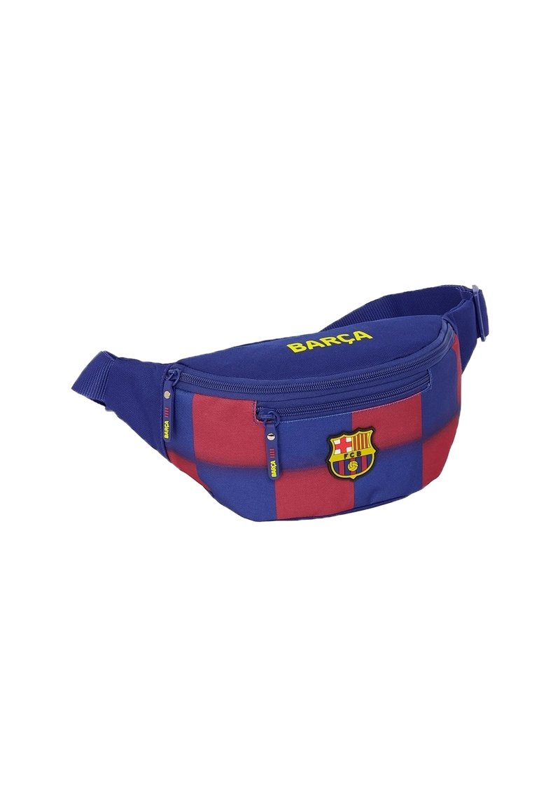 Sacoche à taille bleue et rouge à carreaux avec le logo du FC Barcelone, le texte "BARÇA", deux compartiments zippés et une sangle réglable.