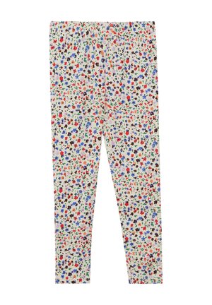 Leggings avec une base blanche et un motif floral multicolore dense en rouge, bleu, vert, marron et orange réparti uniformément.