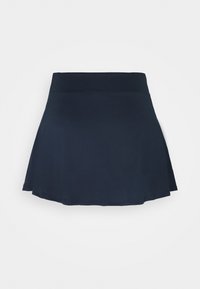 Laivastonsininen flare-hame, joka on valmistettu sileästä kankaasta. Hameessa on leveä joustava vyötärö ja kaareva helma, ilman näkyviä kuvioita tai yksityiskohtia.