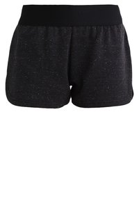 Mustat urheilushortsit teksturoidusta kankaasta, jossa on pilkkuja. Mukavuutta tuova joustava vyötärönauha ja liikkumisen helpottamiseksi kaareva helma.