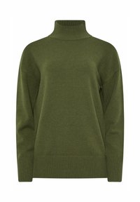 Grüner Rollkragenpullover mit lockerer Passform, gerippten Bündchen und Saum; aus weichem Strickstoff gefertigt; zeichnet sich durch eine glatte Textur und minimale Details aus.