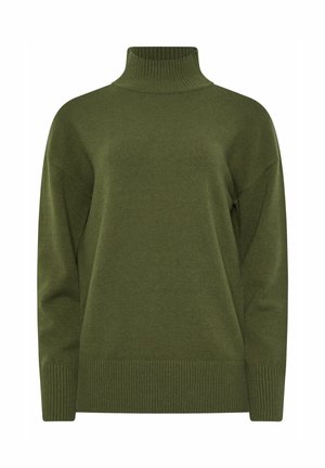Suéter verde de cuello alto con un corte relajado, puños y dobladillo acanalados; hecho de un suave tejido de punto; presenta una textura lisa y un diseño minimalista.