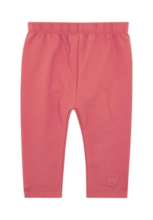 Rosa Baumwoll-Leggings mit elastischem Bund, versehen mit einem kleinen Bärenlogo am unteren Rand und glatter Textur. Schlichtes, eng anliegendes Design.