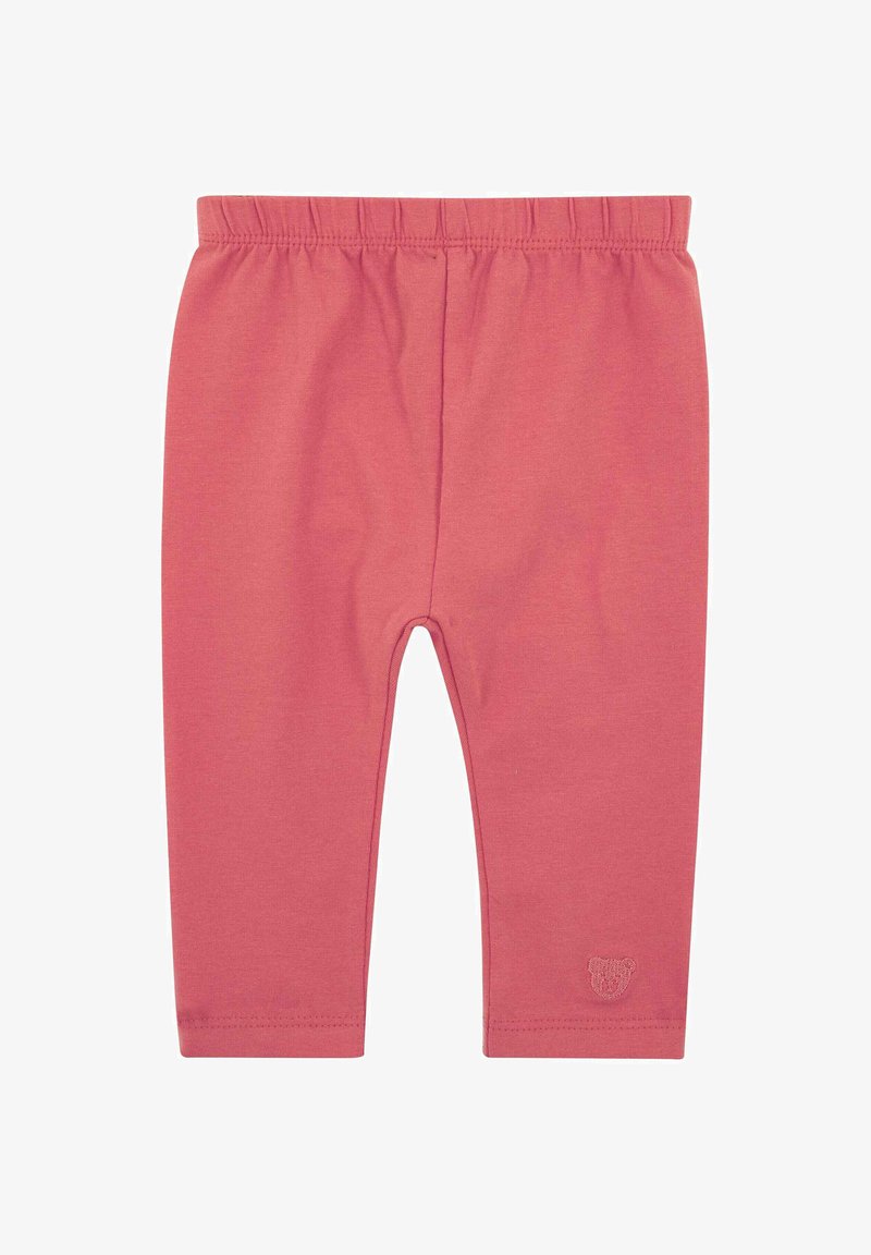 Leggings de algodón rosa con cintura elástica, con un pequeño logo de oso en la parte inferior y textura suave. Diseño simple y ajustado.