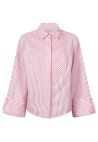 Roze gestreepte shirt met knoopsluiting, voorzien van een textuur, geribbeld ontwerp, schuine schouderpas en brede manchetten met een opvallende accent.