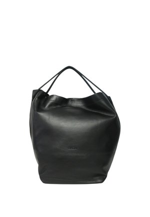 Sac cabas en cuir noir avec structure souple et doubles anses, texture lisse, design minimaliste et logo embossé subtil au centre avant.