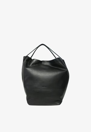 Sac cabas en cuir noir avec structure souple et doubles anses, texture lisse, design minimaliste et logo embossé subtil au centre avant.