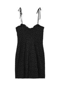 Robe noire sans manches avec fines bretelles nouées et motif floral en œillets, corsage ajusté et fermeture éclair au centre avant.