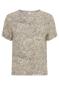 Topp med kort ärm i lätt material, med en krämfärgad botten och ett mörkbrunt prickmönster, rund halsringning och avslappnad passform.