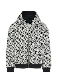 Giacca con cappuccio e zip, in bianco e nero, caratterizzata da un motivo testuale ripetuto. Realizzata in tessuto morbido con polsini e fondo a costine.