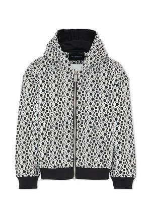 Veste à capuche zippée en noir et blanc avec un motif de texte répété. Fabriquée en tissu doux avec des poignets et un ourlet côtelés.