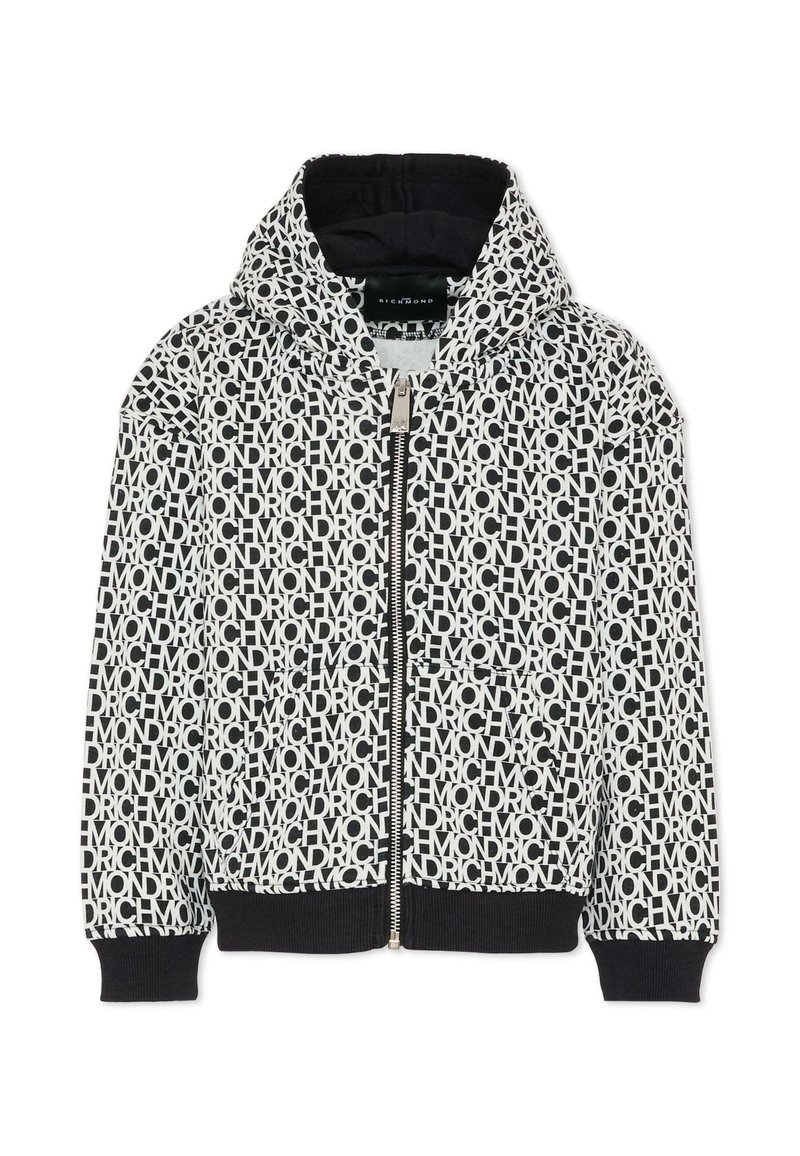 Giacca con cappuccio e zip, in bianco e nero, caratterizzata da un motivo testuale ripetuto. Realizzata in tessuto morbido con polsini e fondo a costine.