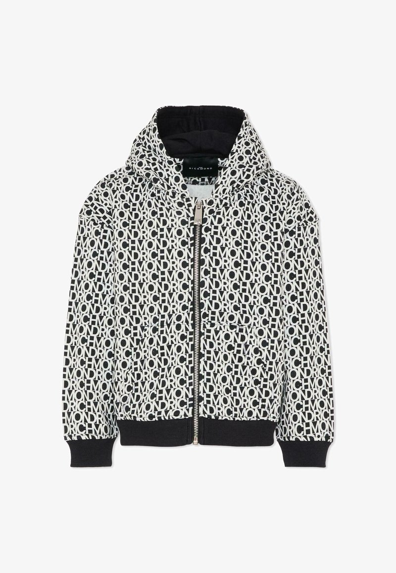 Giacca con cappuccio e zip, in bianco e nero, caratterizzata da un motivo testuale ripetuto. Realizzata in tessuto morbido con polsini e fondo a costine.