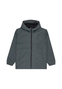 Dunkelgraue Kapuzenjacke mit Vorderreißverschluss, elastischen Bündchen und zwei Seitentaschen, auf einem weißen Hintergrund präsentiert.