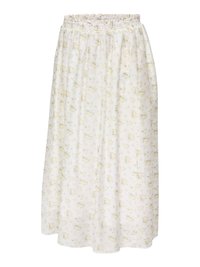 Jupe midi blanche avec petit motif floral jaune et taille élastiquée froncée.