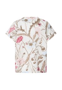 Blouse blanche à manches courtes avec imprimé floral en rose, rouge, beige et bleu présentant diverses fleurs et feuilles.