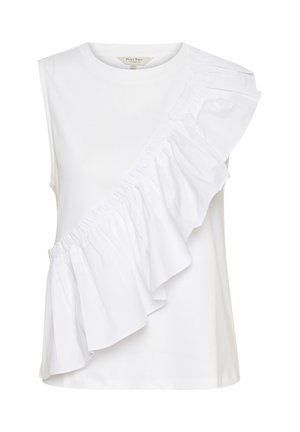 White sleeveless top featuring a diagonal ruffled accent made of textured fabric, with a round neckline and a relaxed fit.