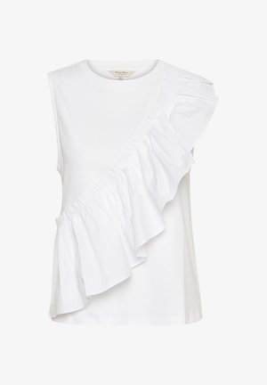White sleeveless top featuring a diagonal ruffled accent made of textured fabric, with a round neckline and a relaxed fit.