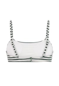 Gestreepte bralette met groene en witte kleuren, dunne verstelbare bandjes en een haaksluiting op de rug. Gemaakt van een lichte stof.