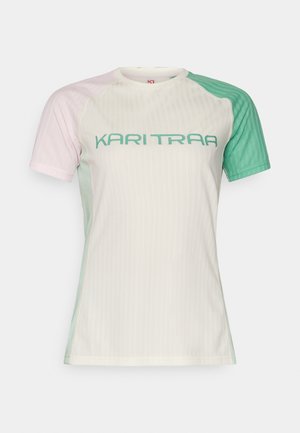 Short-sleeve athletic shirt with a ribbed texture. Colors include light pink, green, and white. Features bold "KARI TRAA" lettering in teal.