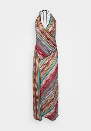 Abito maxi con un motivo a righe multicolore in rosso, blu e giallo. Design con collo all'americana e stile avvolgente con rifiniture a contrasto.