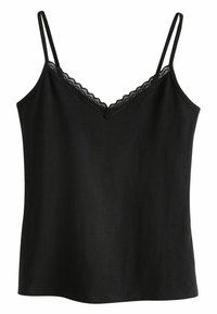 Camisolă neagră din țesătură fină, cu bretele ajustabile și margine din dantelă de-a lungul decolteului în V. Tiv simplu, drept.
