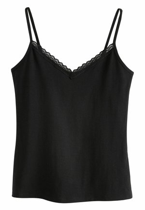 Melnas krūštura tipa krekliņš no gludas auduma ar regulējamām lencītēm un mežģīņu apdari gar V-veida izgriezumu. Vienkārša taisna apmala.