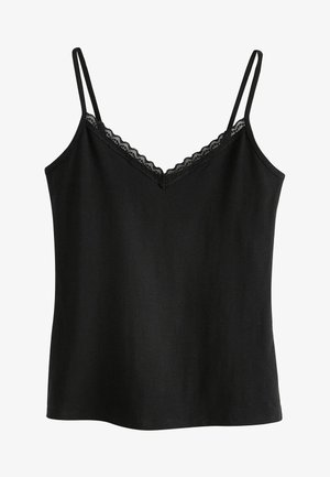 Camisole noire en tissu lisse avec bretelles réglables et bordure en dentelle le long du décolleté en V. Ourlet simple et droit.