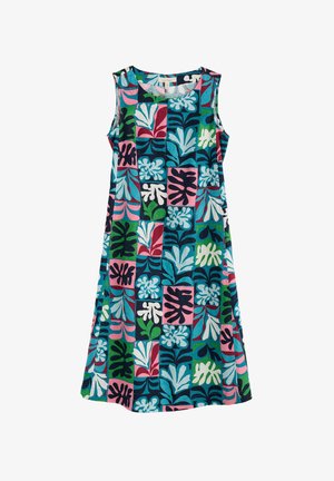 Robe sans manches colorée avec un décolleté carré, présentant un motif floral vibrant en bleu, rose, vert et violet sur un fond sombre.