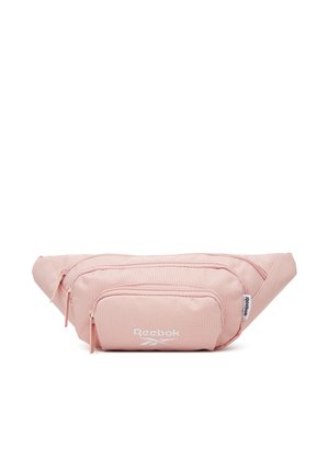 Rosa Reebok-Gürteltasche mit zwei Reißverschlussfächern und verstellbarem Riemen, mit weißem Reebok-Logo auf der Fronttasche.