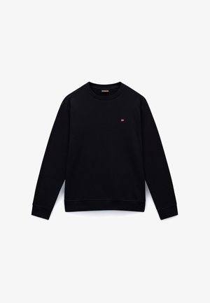 Black crewneck sweatshirt made of soft fabric, featuring ribbed cuffs and hem, with a small colored logo on the chest.