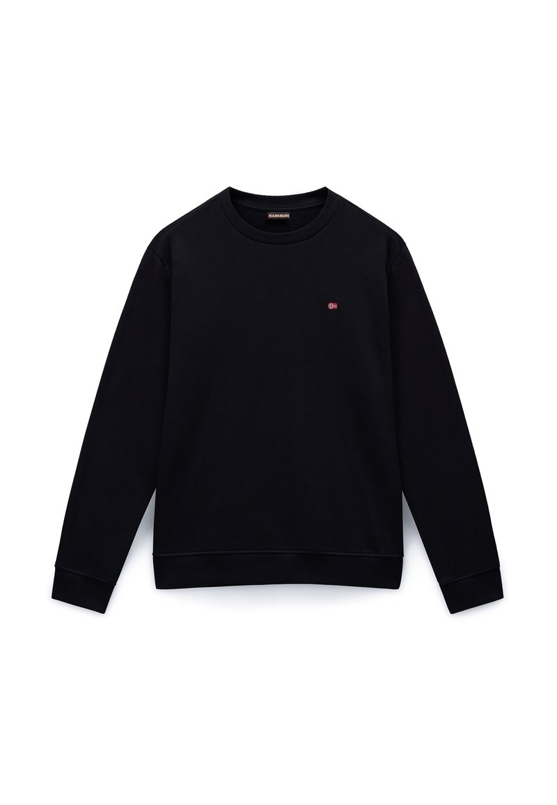 Svart crewneck-genser laget av mykt stoff, med ribbestrikkede mansjetter og kant, og en liten farget logo på brystet.