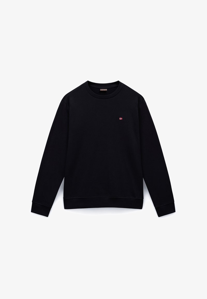 Svart crewneck-genser laget av mykt stoff, med ribbestrikkede mansjetter og kant, og en liten farget logo på brystet.
