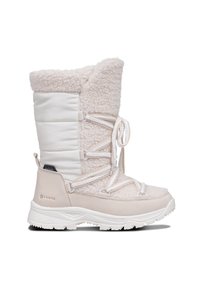 Weiße Winterstiefel mit einem strukturierten Fleece-Obermaterial, glatten Lederpaneelen, dicken Schnürsenkeln und einer robuster Gummisohle für besseren Halt.