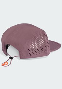 Purple lightweight cap with a curved brim, mesh side panels for ventilation, adjustable drawstring at the back, and textured fabric.