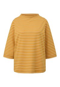 Haut à manches courtes rayé jaune avec un décolleté bateau, comportant des rayures horizontales blanches et une coupe décontractée. Tissu doux avec une texture lisse.
