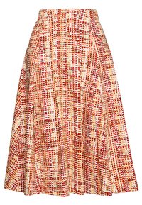 Skirt s červeným a žlutým vzorem, s rozšířeným designem, vysokým pasem a texturovanou tkaninou se mřížkovými tvary po celém povrchu.
