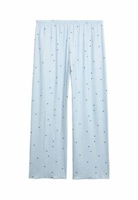 Lichtblauwe wijde broek met een zachte textuur en een verspreid patroon van kleine zwarte en witte hartjes. Elastische tailleband aan de bovenkant.