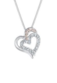 Silberne Herz-Anhänger-Halskette mit verflochtenen Herzen, verziert mit klaren und rosefarbenen Kristallen, an einer filigranen Kette.